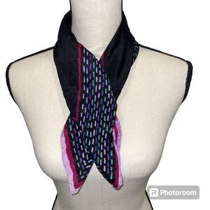 Beautiful vintage Anne Klein silk scarf black with geometric lines purple border